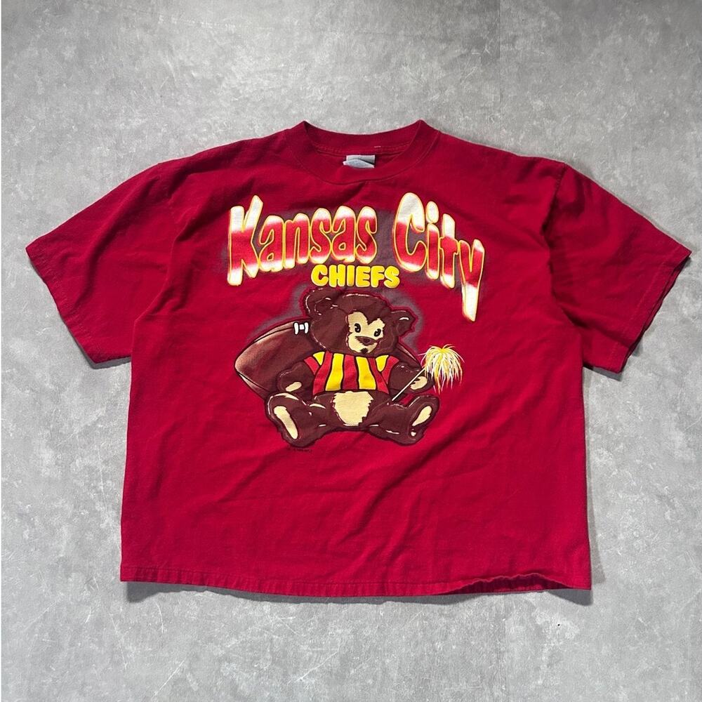 90s Vintage Kansas City Chiefs Teddy Bear Boxy Red T Shirt Size XL